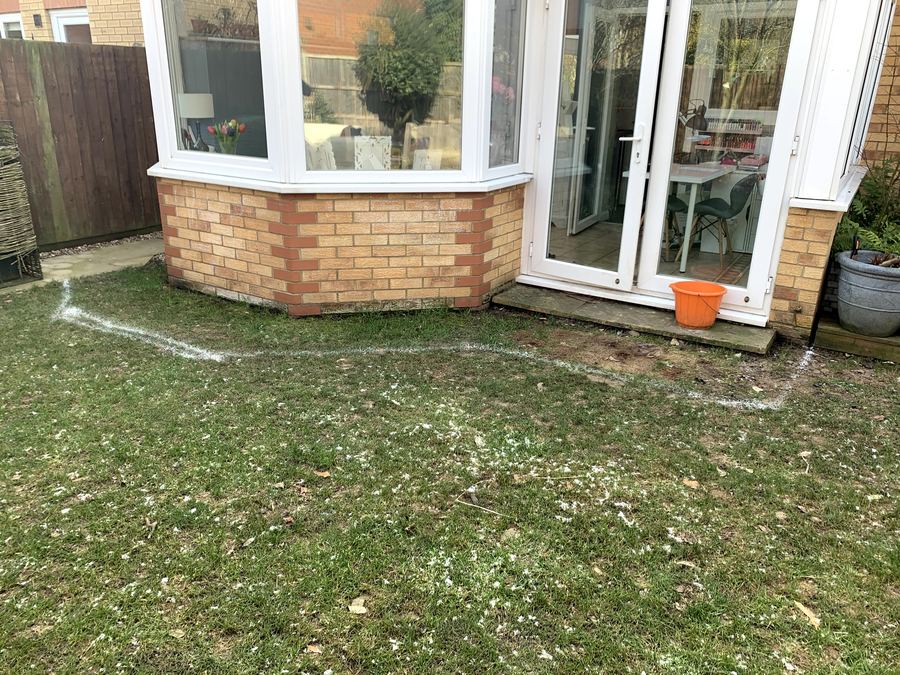A lawn marked out with sand lines beside a bay window, before a new border is cut