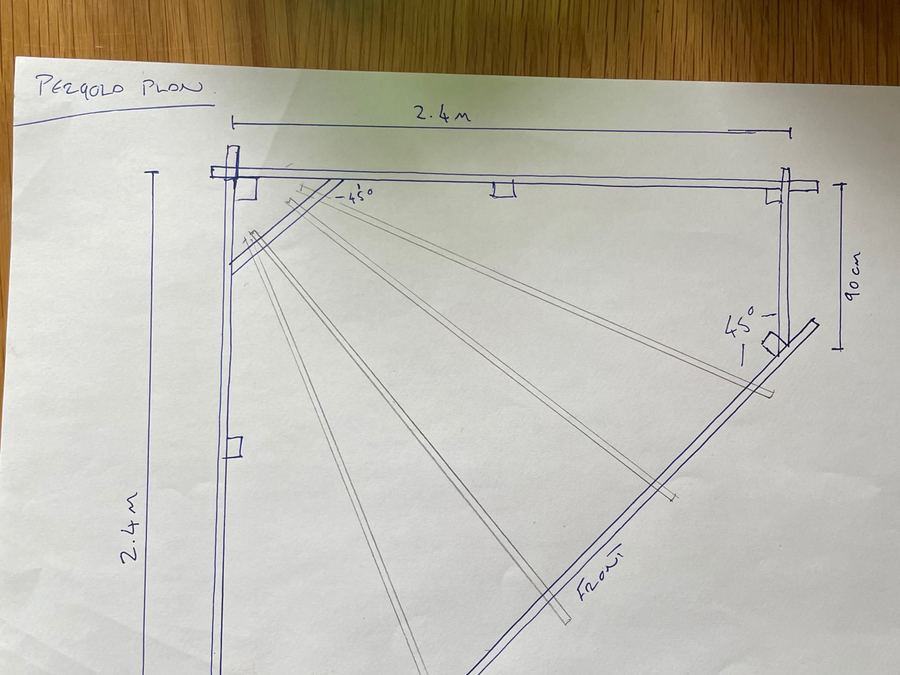 A hand-drawn pergola plan in pencil on paper, marked with dimensions of 2.4 metres and 40 centimetres